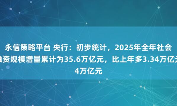 永信策略平台 央行：初步统计，2025年全年社会融资规模增量累计为35.6万亿元，比上年多3.34万亿元